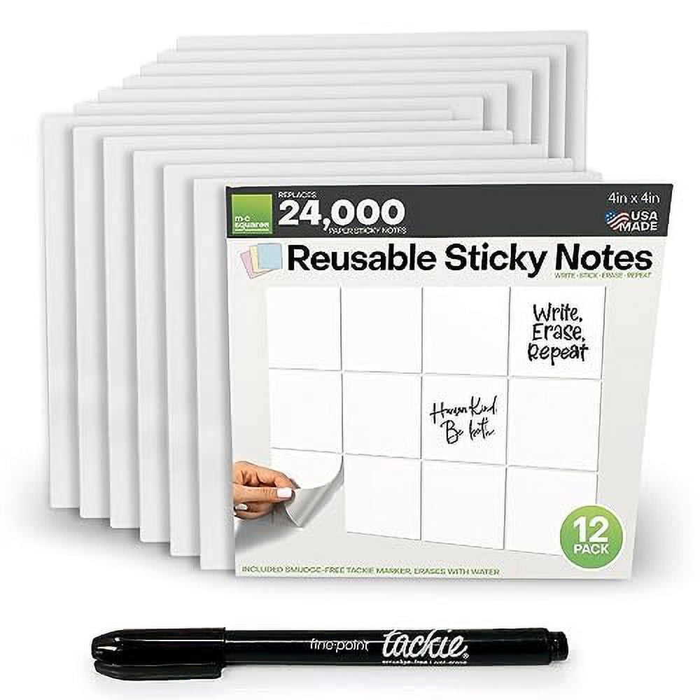 M.C. Squares Reusable Sticky Notes 4" x 4" 12 Pack of White Stickies