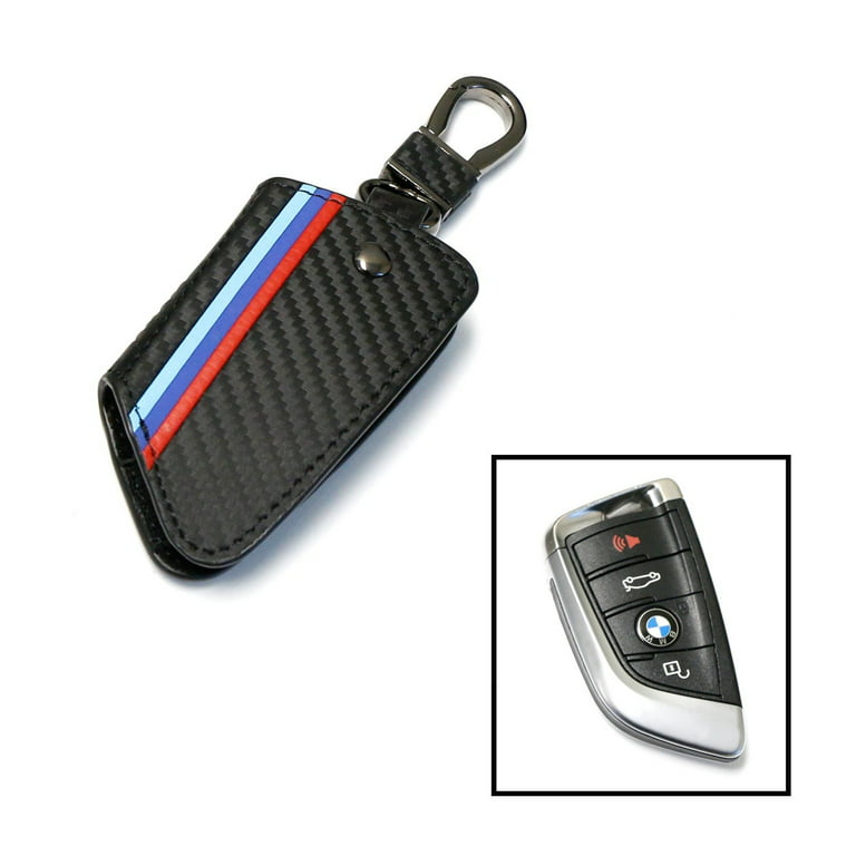 M-Colored Stripe Black Carbon Fiber Pattern Leather Key Holder with  Keychain For 2016-up BMW X1, 2014-up BMW X5, 2015-up BMW X6, 2017-up BMW 5  Series & 2016-up BMW 7 Series Remote Fob 