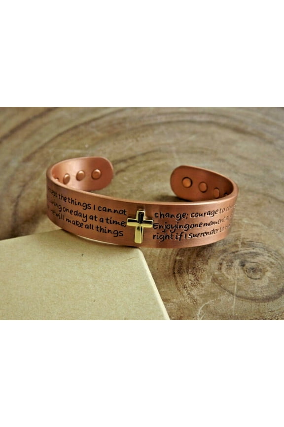 Magnetic Cuff Bracelet Serenity Prayer Cross 15 mm Width, Pure Copper