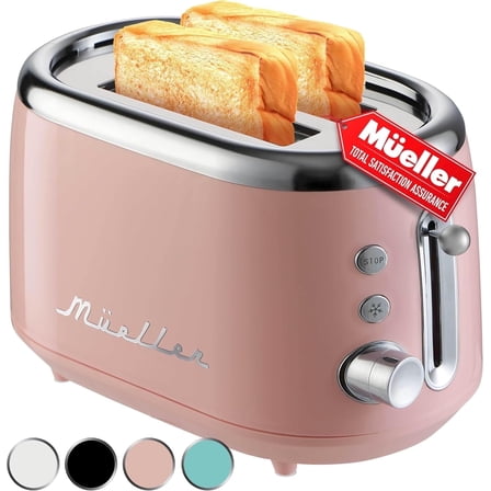 MÜELLERHOME Retro Toaster 2 Slice, 7 Browning Levels, 3 Functions (Reheat, Defrost, Cancel), Stainless Steel Features, Removable Crumb Tray, Under Base Cord Storage, Pink Kitchen Accessories Décor