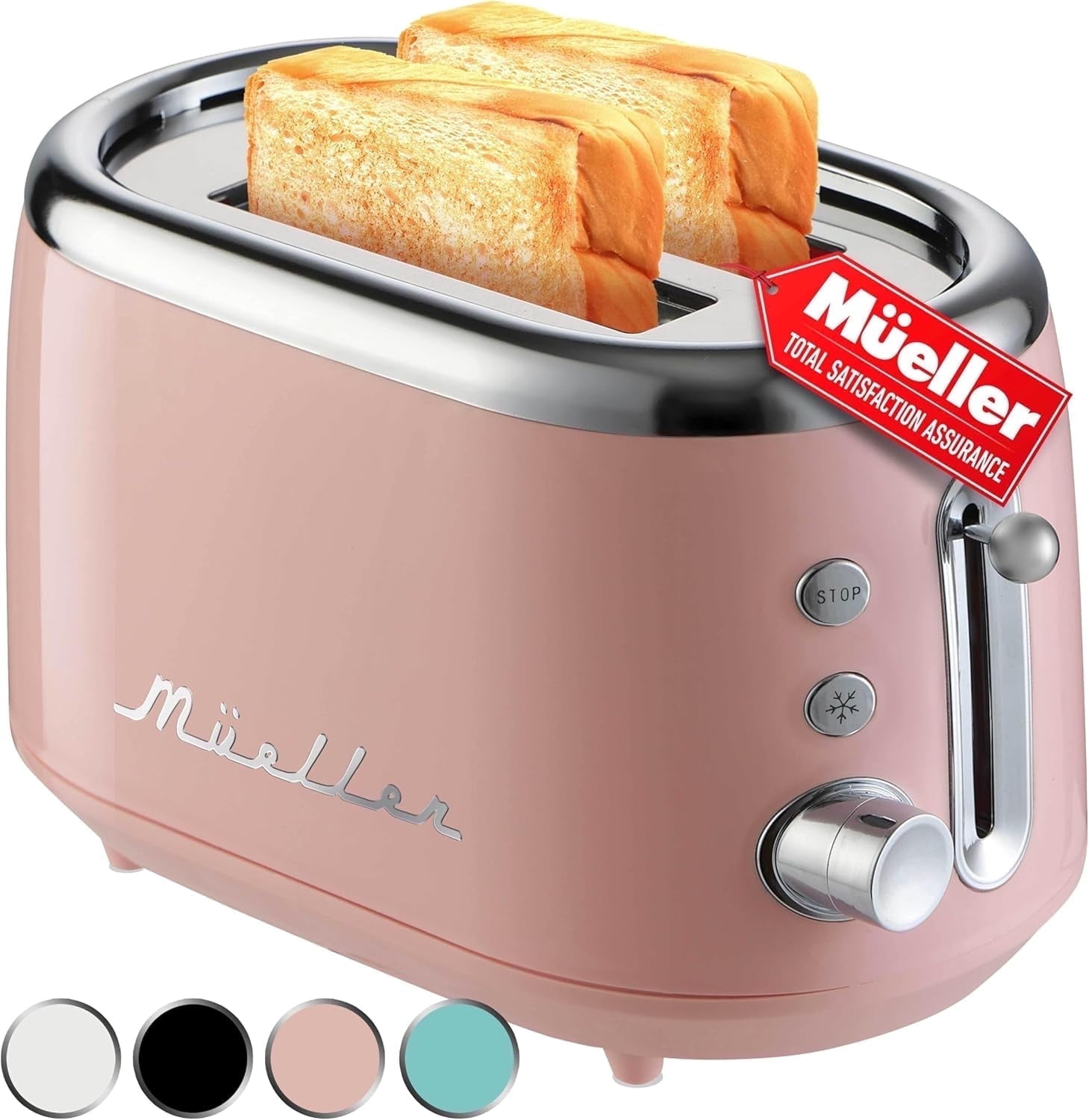MÜELLERHOME Retro Toaster 2 Slice, 7 Browning Levels, 3 Functions (Reheat, Defrost, Cancel), Stainless Steel Features, Removable Crumb Tray, Under Base Cord Storage, Pink Kitchen Accessories Décor