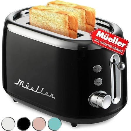 MÜELLERHOME Retro Toaster 2 Slice, 7 Browning Levels, 3 Functions (Reheat, Defrost, Cancel), Stainless Steel Features, Removable Crumb Tray, Under Base Cord Storage, Black
