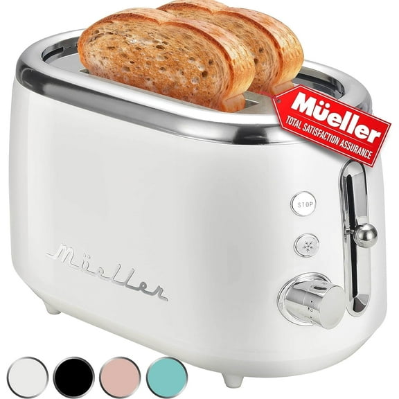 MÜELLERHOME Retro Toaster 2 Slice, 7 Browning Levels, 3 Functions (Reheat, Defrost, Cancel), Stainless Steel Features, Removable Crumb Tray, Under Base Cord Storage, White Toaster Kitchen Appliances
