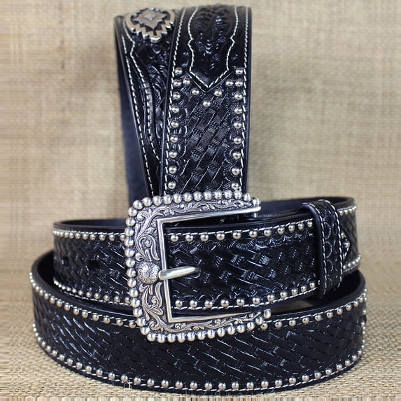M&F WESTERN ARIAT SANDS BLACK MENS LEATHER BELT BASKET WEAVE W/ CONCHO 32-46 in