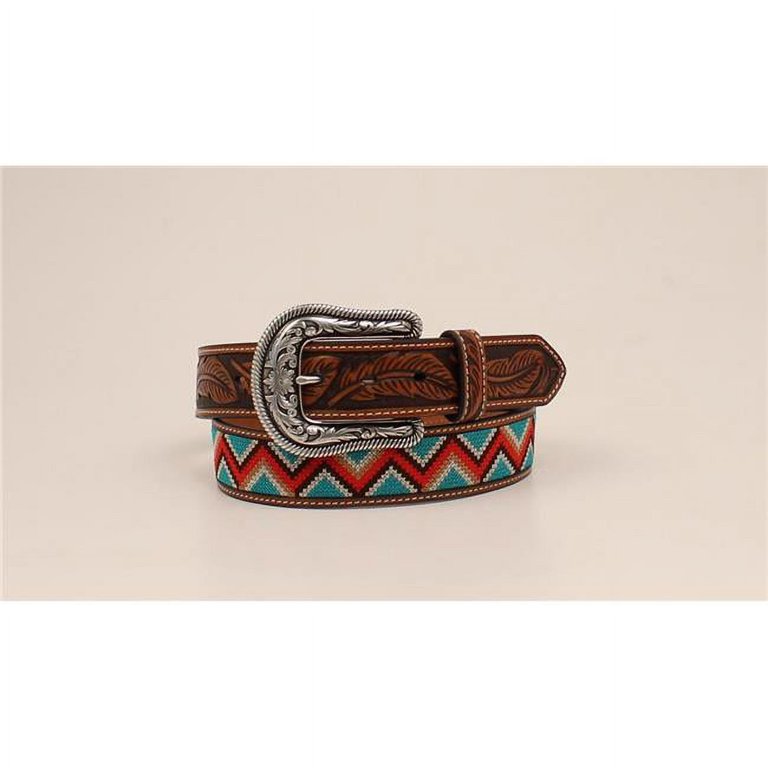 Womens Leather and Embroidered Zigzag Stitch Beaded Belt  display picture 2