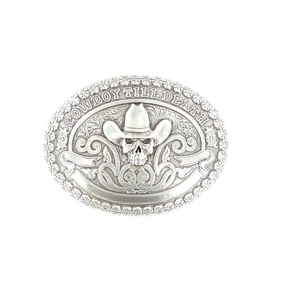 M F Western Products Womens Unisex MF Western Oval Cowboy Till Death Buckle with Skull