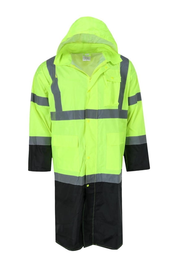 Adult High Visibility Long Raincoat with Foldable Hood