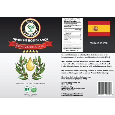 M.G. PAPPAS - Spanish Hojiblanca Olive Oil Extra Virgin, 25.5 Oz (750ml)
