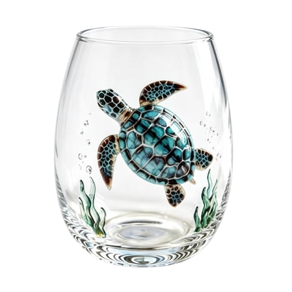 M Glass 2D Ocean Sea Turtle Stemless Wine Glass For Beach Themed Home Decor Display