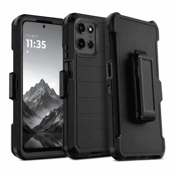M&H Dual Layer Protective Phone Case for Moto G Power 5G 2025/2026 G Play 5G 2025, 360°Swivel Belt Clip Kickstand Cover, Black