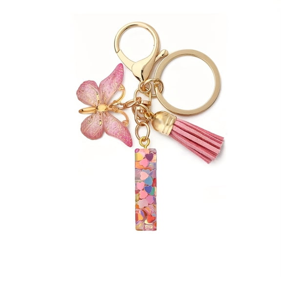 M & H Initial Letter Keychain, Cute Keychain Butterfly Pink Sequins Alphabet Resin, Name Keyring Tassel Keychain for Women -I