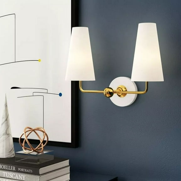 M H OVERSEAS White Brass Caracas 2-Light Plug-In Armed Sconce Wall Lamps - Modern Wall Lighting Fixture for Living Room & Bedroom