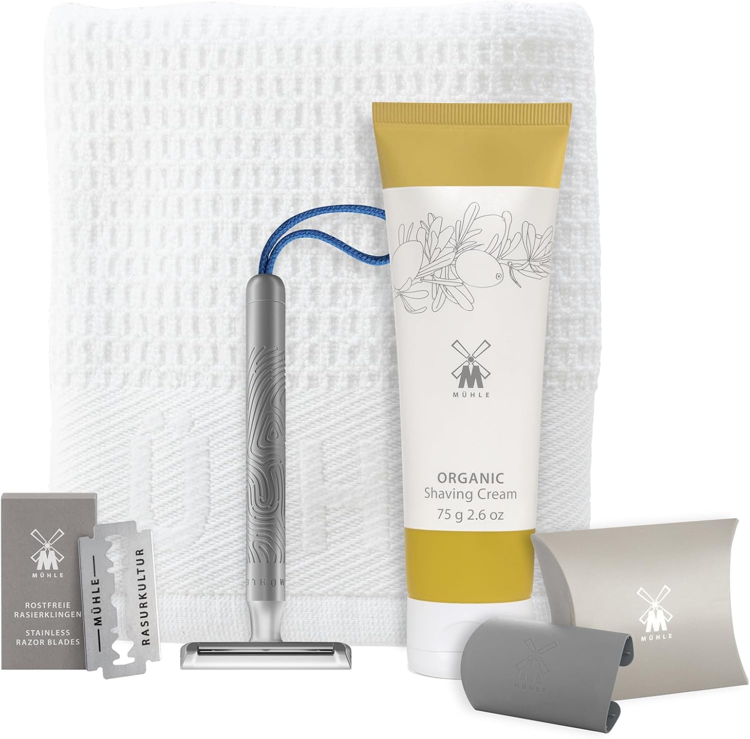 MÜHLE Companion 5-Piece Shaving Set - Unisex Safety Razor with Grey Cord, Blade, Cream, Cloth - Vegan, Sustainable