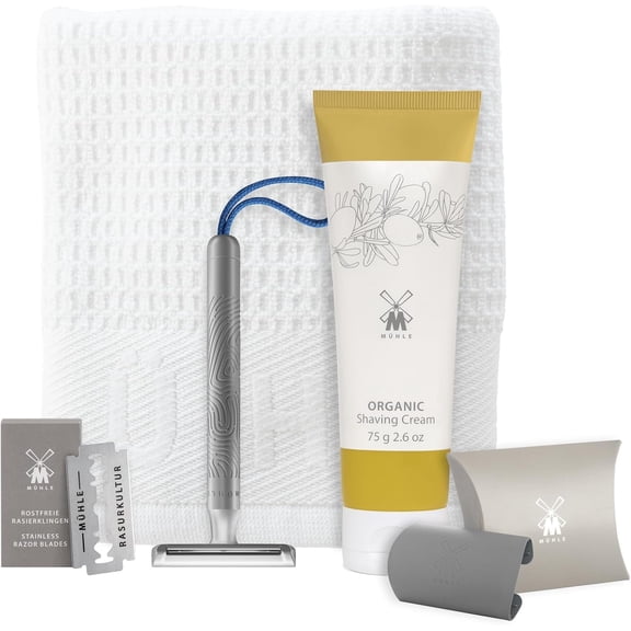 MHLE Companion 5-Piece Shaving Set - Unisex Safety Razor with Grey Cord, Blade, Cream, Cloth - Vegan, Sustainable