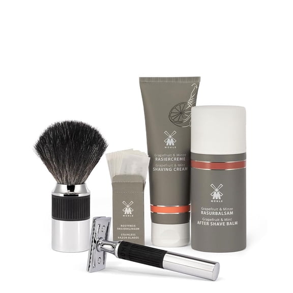 MHLE NEO Bundle - 4 Piece Set - Safety Razor Chrome-Plated Blades, Cream, After Shave - Closed Comb, Rubber Grip, Black