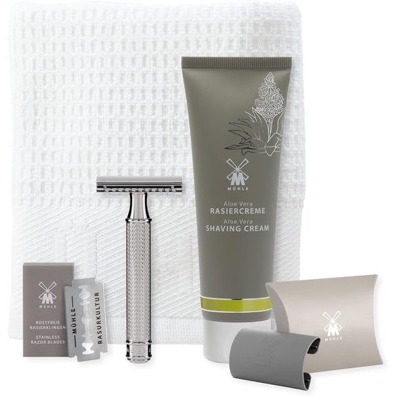 MÜHLE R 89 Shaving Set 5 Pieces - Safety Razor with Closed Comb Chrome-Plated Metal Blade, Cream, Cloth - Silver