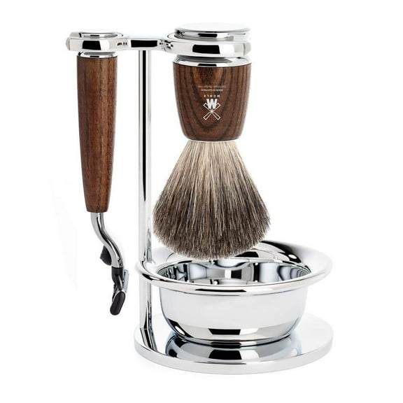 MHLE RYTMO Steamed Ash 4-Piece Pure Badger 3-Blade Razor Modern Luxury Wet Shaving Set - Perfect for Every Day Use, Barbershop Quality Close Smooth Shave