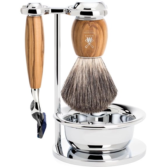 MÜHLE VIVO Olive Wood 4-Piece Pure Badger 5-Blade Razor Shaving Set