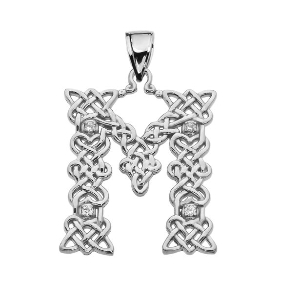 M" INITIAL IN CELTIC KNOT PATTERN WHITE GOLD PENDANT NECKLACE WITH DIAMOND : 14K Pendant with 18" chain