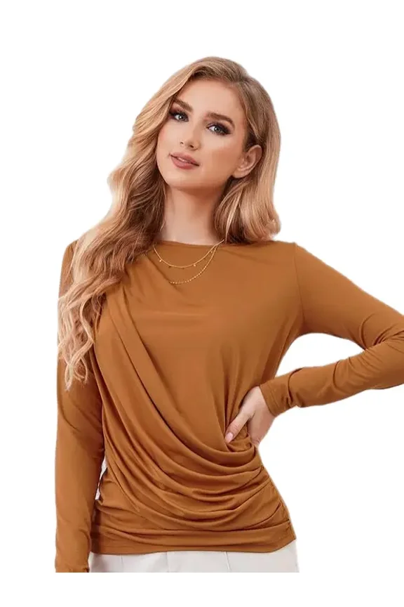 Women Ruched Blouse Elegant Crew Neck