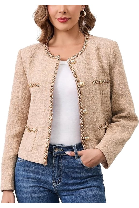 Womens Tweed Blazer Jacket, Cropped Long Sleeve Blazers with Pockets Crewneck Open Front Collarless