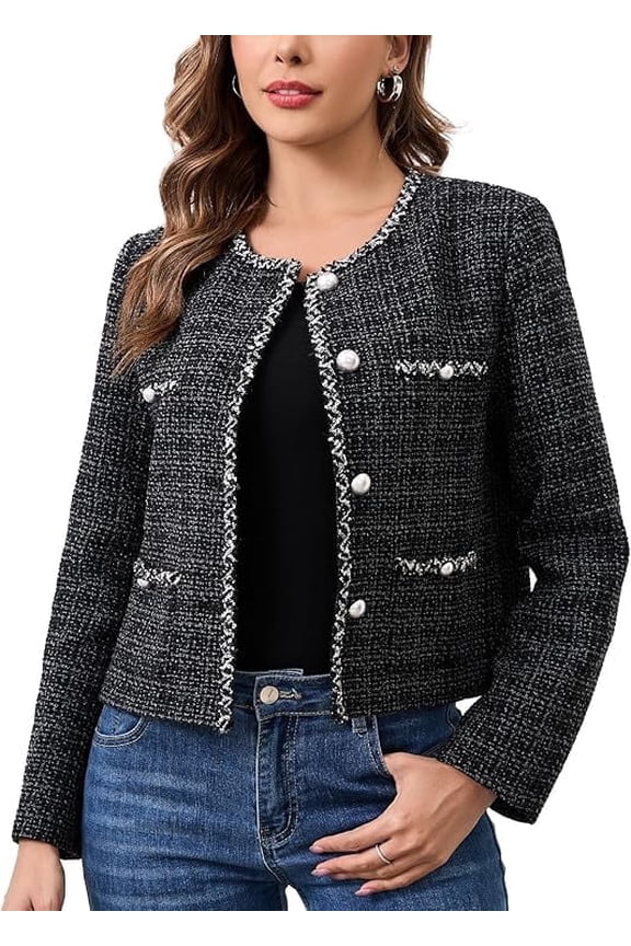 Womens Tweed Blazer Jacket, Cropped Long Sleeve Blazers with Pockets Crewneck Open Front Collarless