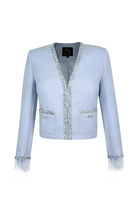 Womens Tweed Cropped Jacket with Pockets,Deep V Blazer Feather Trim,Feather Cuffs,Invisible Button Closure,Long Sleeve,Real Pocket