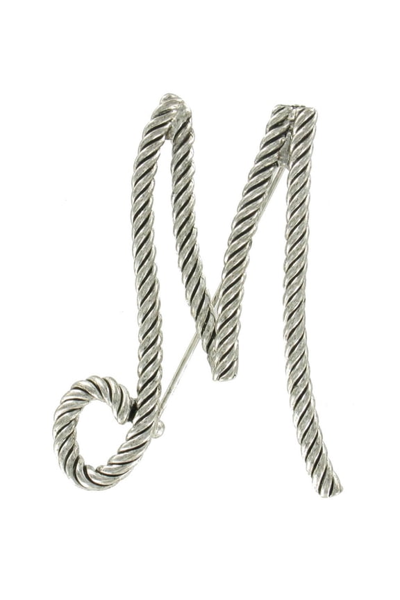 "M" Initial Pin Brooch Large Script Silver Tone Rope Ladies Adult Female Women