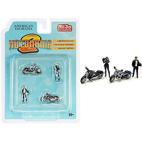 Motomania 2 4 piece Diecast Set (2 Figurines and 2 Motorcycles) for 1/64 Scale Models by American Diorama