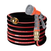 M JJYPET 50FT Heavy Duty Flexible Garden Hose,Outdoor Water Hose 5/8Inch with 7 Pattern Spray Nozzle,No Tangle Rubber Hose Car Washing Pipe with 3/4"100% Solid Brass Fittings