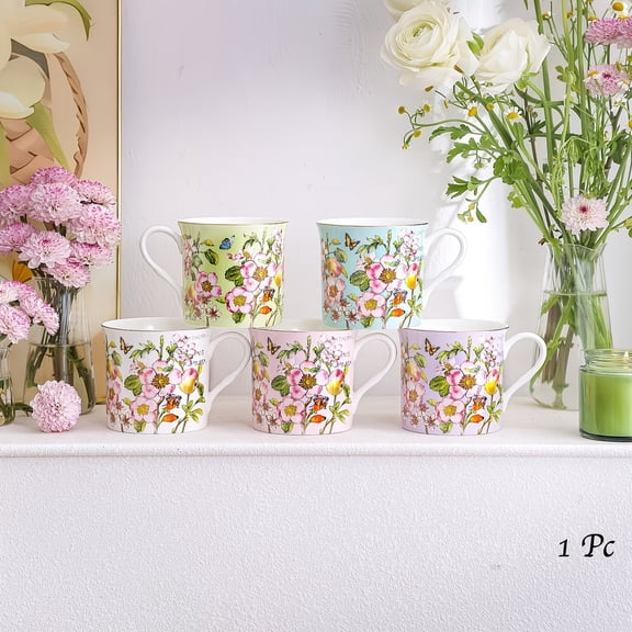M.JOLAN Moxi-Style High Bone China Mug - "Blossom All the Way" Floral Handle Tea Cup with Golden Rim for Elegant Tea Enjoyment