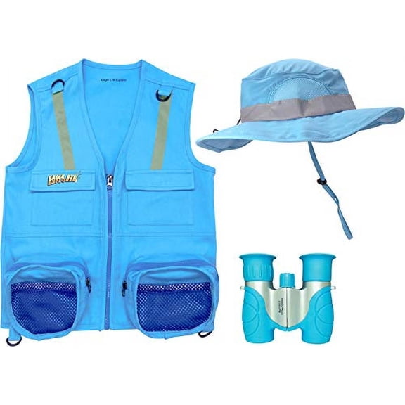 M/L 3 Piece Light Blue Set Cargo Vest with Reflective Safety Straps, 1 8x21 Magnification Binoculars and Safari Hat for Boys and Girls (Medium/Large, Light Blue Vest, Hat and Light Blue Binoculars)