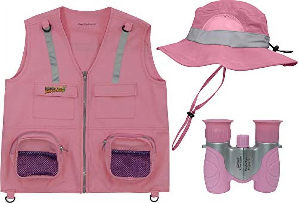 M/L Pink- 3 Piece Set Cargo Vest with Reflective Safety Straps, 1 8x21  Magnification Binoculars and Safari Hat for Boys and Girls (Medium/Large, Pink  Vest, Pink Hat, Pink Binoculars) 