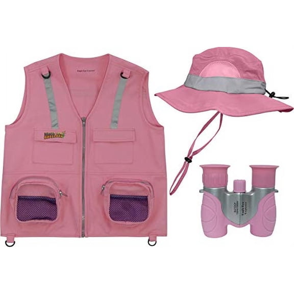 M/L Pink- 3 Piece Set Cargo Vest with Reflective Safety Straps, 1 8x21 Magnification Binoculars and Safari Hat for Boys and Girls (Medium/Large, Pink Vest, Pink Hat, Pink Binoculars)