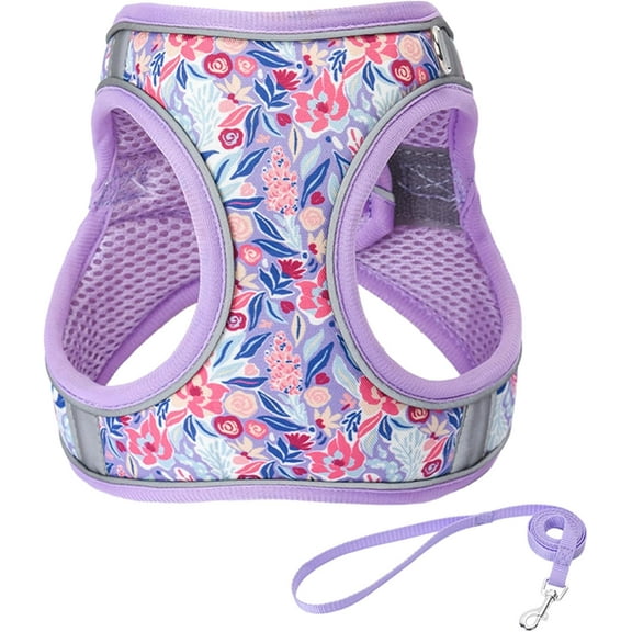 M Light Purple Flower Pattern Dog Harness and Leash Set,No Escape Puppy Harnesses for Training Walking，Breathable Adjustable Puppy Vest for Small Medium Dogs, Cats (Light Purple, M)