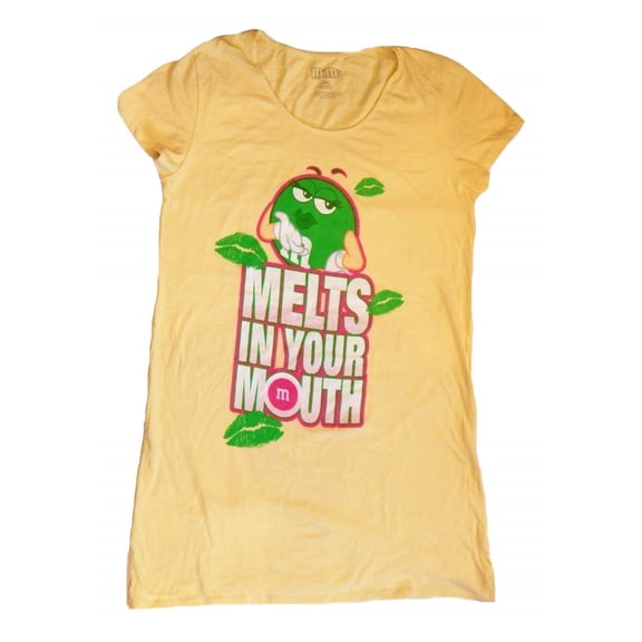 M&M M&M's Green Candy Silly Character Face Juniors T-Shirt Dress (Yellow Melts In Your Mouth Night Dress, Size Small/Medium)