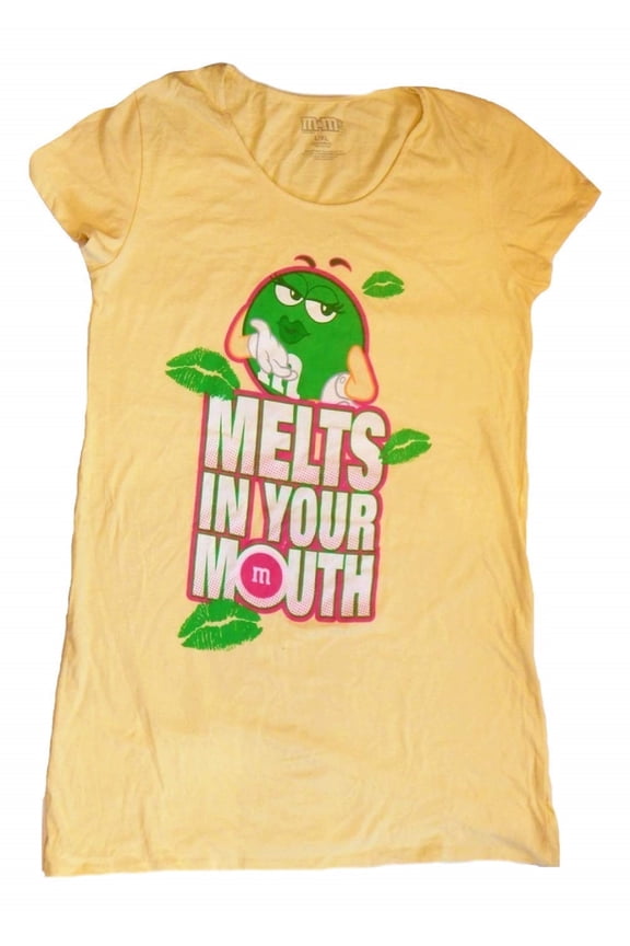 M&M M&M's Green Candy Silly Character Face Juniors T-Shirt Dress (Yellow Melts In Your Mouth Night Dress, Size Small/Medium)