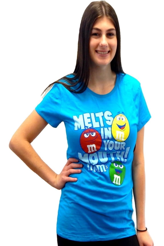 M&M M&M's M&Ms Candy Silly Character Face T-Shirt Girls Junior's (Size XXL, Teal Melts in Your Mouth)