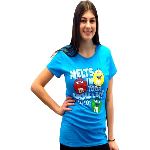 M&M M&M's M&Ms Candy Silly Character Face T-Shirt Girls Junior's (Size XXL, Teal Melts in Your Mouth)