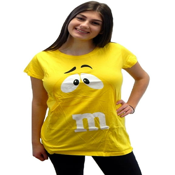 M&M M&M's M&Ms Candy Yellow Silly Character Face T-Shirt Cap Sleeve (Junior's Size XL, Yellow)