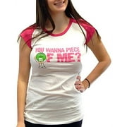 BEAUTE FASHION M&M M&M's M&Ms Green Candy Junior Fit Character Face T-Shirt Cap Sleeve, Short Sleeve Top (Size Medium, White/Fuchsia - You Wanna Piece of Me)