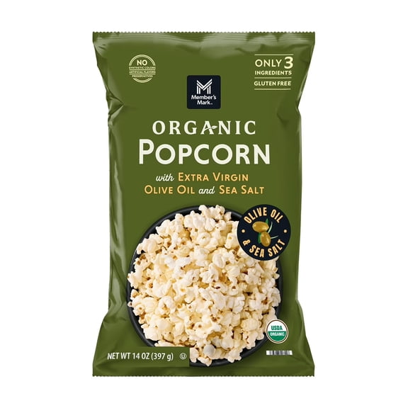 M M Organic Sea Salt Popcorn with Extra Virgin Olive Oil, 14 oz.
