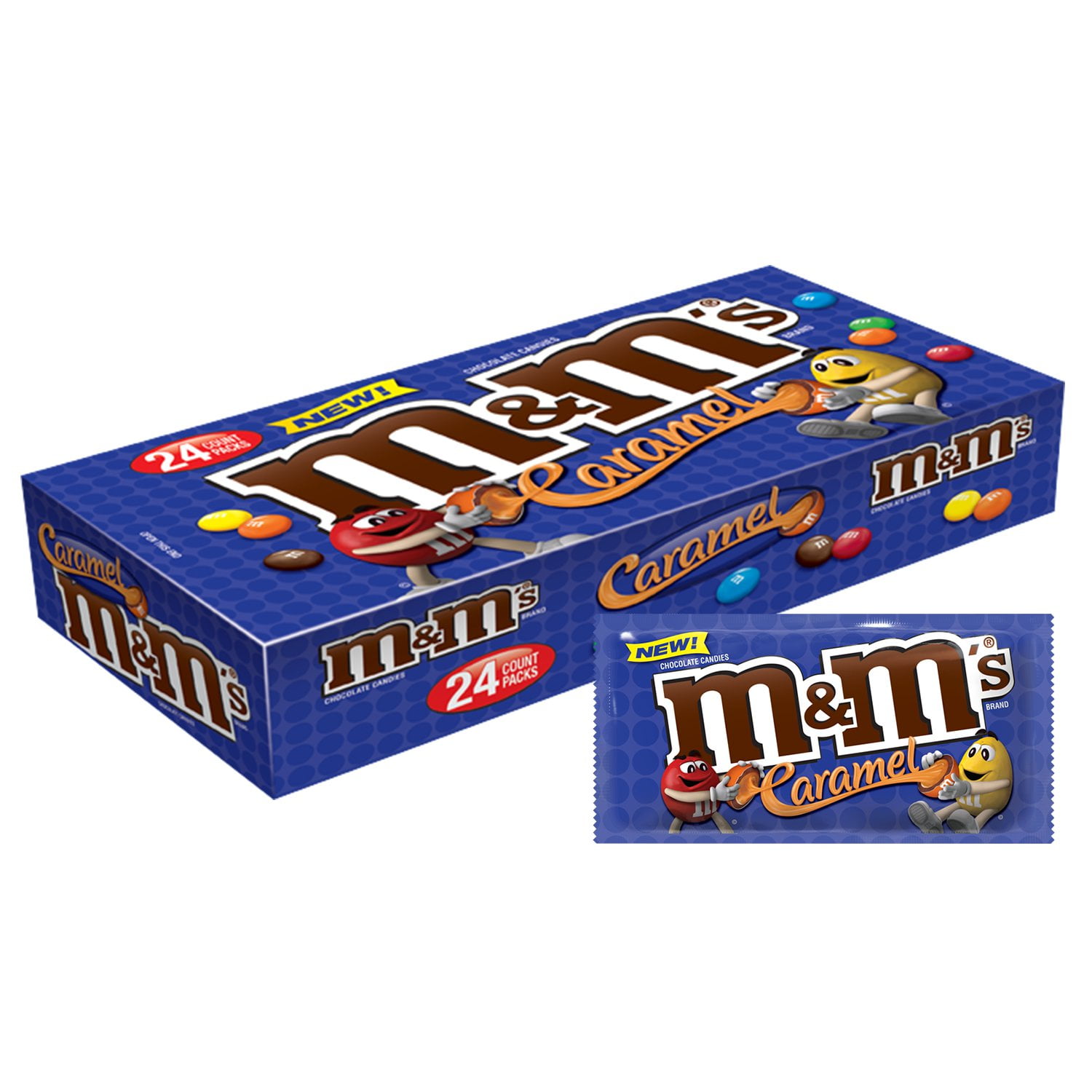 M&M'S Caramel Chocolate Candy Singles Size, 1.41 Ounce Pouch, 24 Count Box