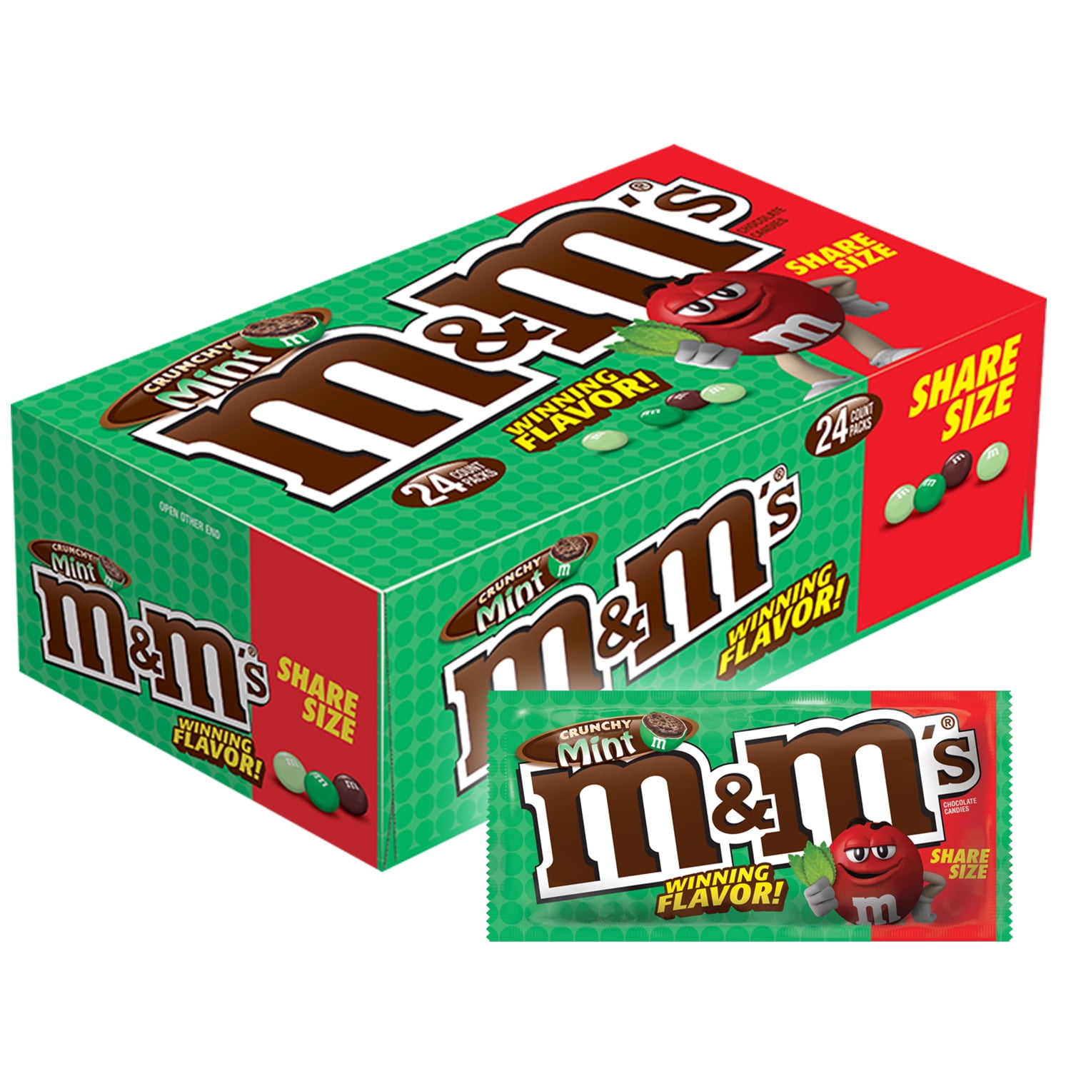 M&M'S Crunchy Mint Chocolate Candy, Singles Size Pouches, 1.35 Oz 24 Ct 