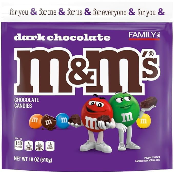 M&M'S Dark Chocolate Candy, Family Size, 18 oz Resealable Bulk