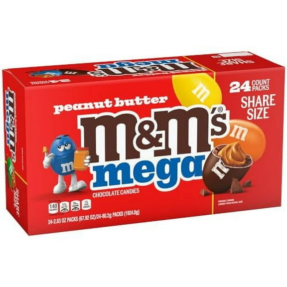 M&M'S Mega Peanut Butter Milk Chocolate Candy, Share Size, 24 Count