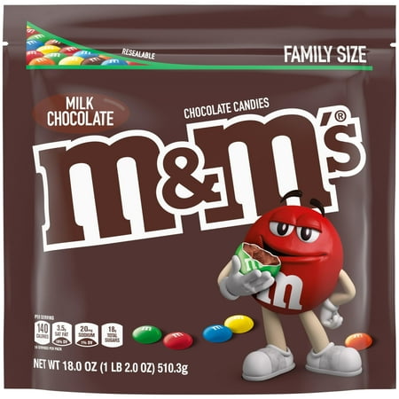 M&M,S Milk Chocolate Candy, Family Size, 18 Oz Resealable Bulk Candy Bag