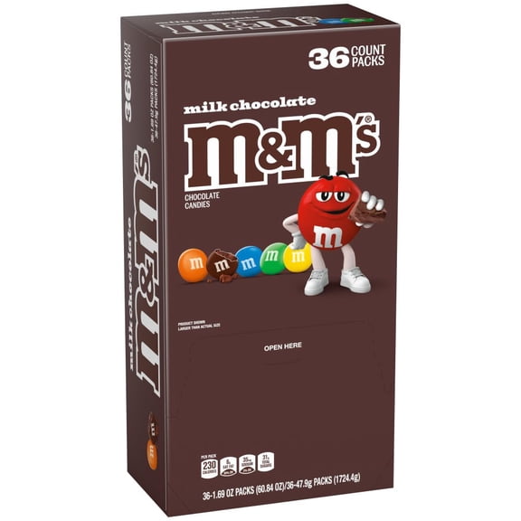 M&M'S Milk Chocolate Candy, Full Size 1.69 oz Bag, Pack of 36 Bulk Candy Chocolate