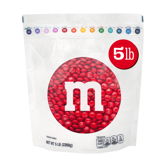 M&M'S Red Milk Chocolate Candy, 5 lb Bag for Celebrations and Party Favors