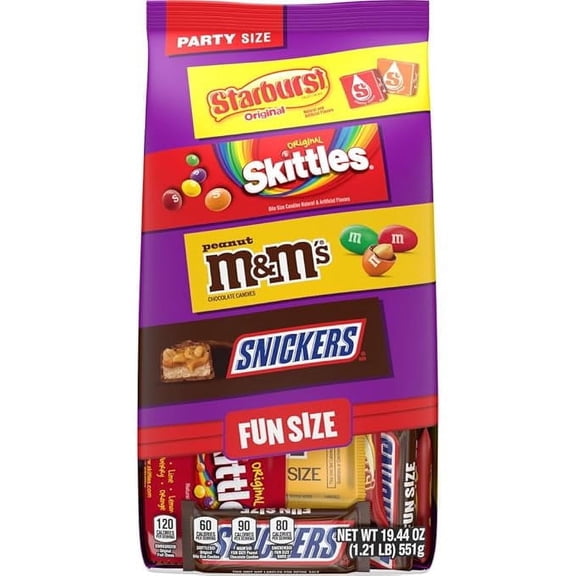 M&M'S Peanut, SNICKERS, STARBURST & SKITTLES Fun Size Assorted Candy Variety Pack, 19.44 oz, Bulk Candy Bag